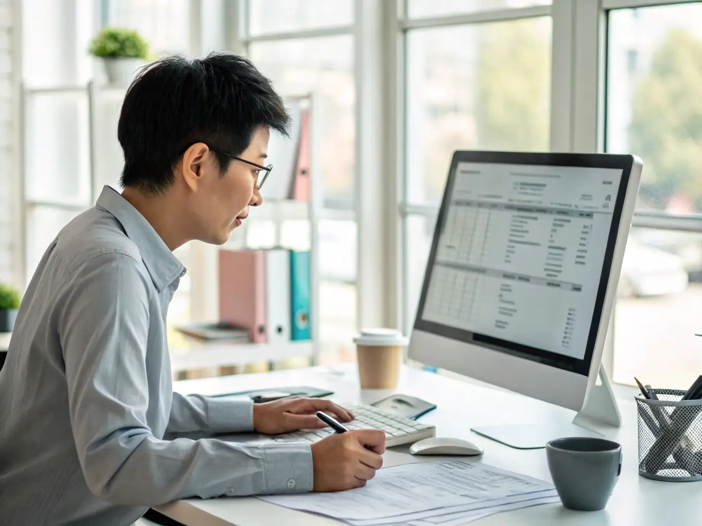 A payroll specialist processing salary data on a computer, illustrating efficient salary management.